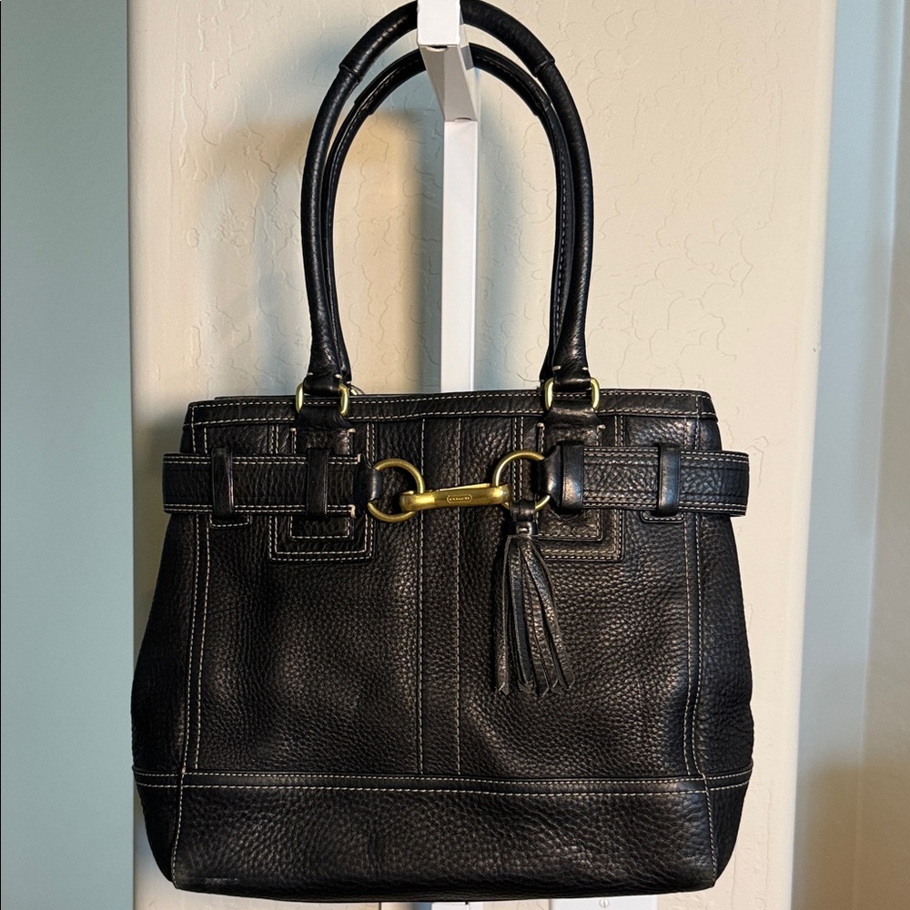 Coach Black Pebbled Leather Shoulder Tote with Gold Hardware